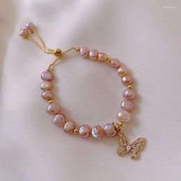 Hebra de circonita cúbica, abalorio de mariposa, perlas naturales de agua dulce para mujer, joyería de moda para fiesta YBR1039