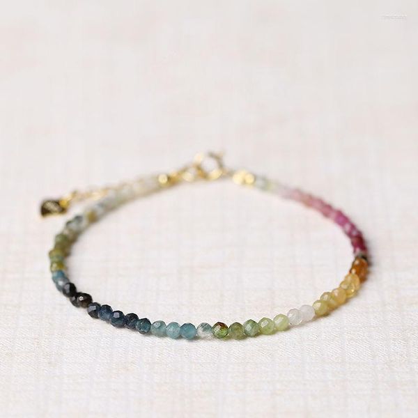 Strand Dainty Tiny Faceted Multicolor Tourmaline Crystal Beads Pulsera para mujer Delicado pequeño apilamiento de piedra natural