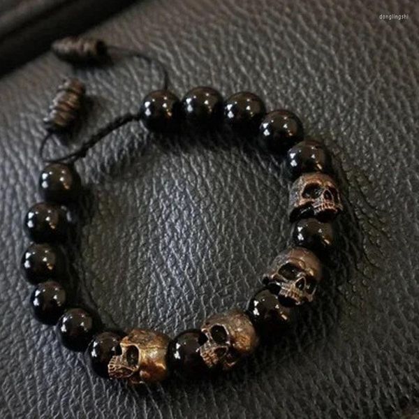 Strand Dark Vintage Style Horror Skull Black Beads Charm Pulsera para hombre Declaración Steampunk Gothic Accesorios para mujer Joyería de moda