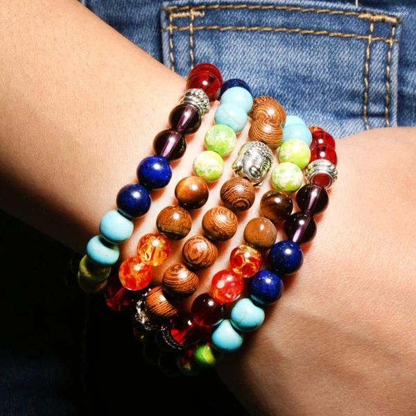 Strand Design 108 Mala Yoga Chakra Pierre D'énergie Naturelle Religieux Tête De Bouddha Charme Bracelet Multicouche Pour Hommes Et Femmes En Gros