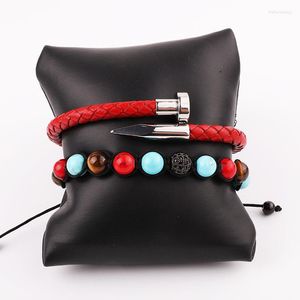 STRAND Design Red Turquoise Natural Stone Tiger Eye Bracelet Real Lederen roestvrijstalen set voor vrouwelijke mannen