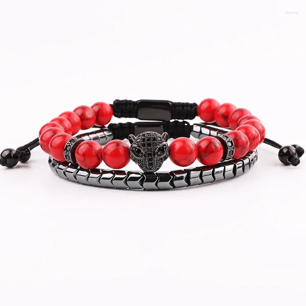 Conception de brin rouge turquoise pierre d'hématite perles cz pavé leopard charme bracelet macrame hommes femmes