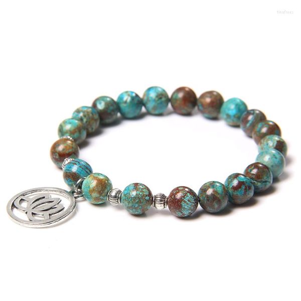 Strand Design Damen-Chakra-Armband, rund, afrikanische Aagtes-Perlen, natürlicher Amazonit-Stein, Lotusblüten-Charm für Herren