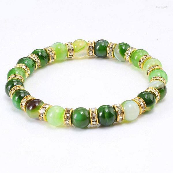 Strand Diamant Anneau Agate Vert Bracelet 8mm Perles Élastique Bijoux Femmes En Gros Charme De Luxe Boho Pierre Précieuse