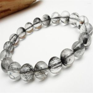 STRAND DROP 9MM NATUURLIJKE GRIJS NOUTE HAAR Black Rutilated Quartz Crystal Round kralen Stretcharmbanden voor vrouwen