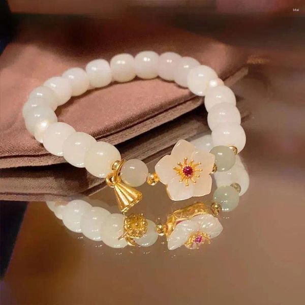 Pulsera elegante de imitación de Jade y piedra azul, diseño de nicho de flor de melocotón, pulsera de estilo chino, joyería, cuerda de mano para mujer