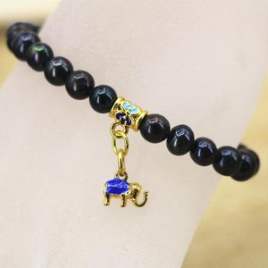 Brin élégant naturel noir Nearround 7-8mm perles Bracelets élastique couleur or cloisonné pendentif bijoux 7.5 pouces B3121