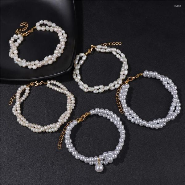 Pulsera elegante de cuentas de perlas naturales para mujer, pulseras de doble capa con dijes blancos, joyería femenina, brazaletes de boda