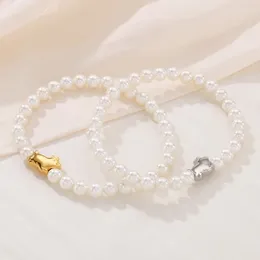 Pulsera de perlas de imitación de concha elegante para mujer, brazalete de cuentas de acero inoxidable de Color dorado y plateado, regalo de joyería para fiesta y boda