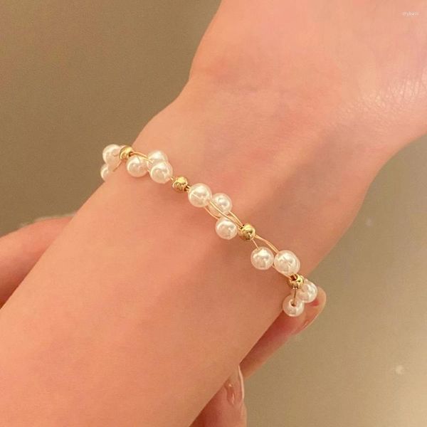 Bracelet de perles tissées élégantes pour femmes, perles rondes françaises, pompon, chaîne en cristal scintillant, accessoires, bijoux à la mode, cadeau