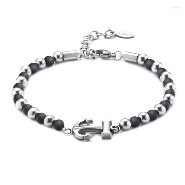 Strand Elio Haute Joaillerie Pierre de lave Ancre en obsidienne naturelle Bracelet en perles d'acier inoxydable pour hommes