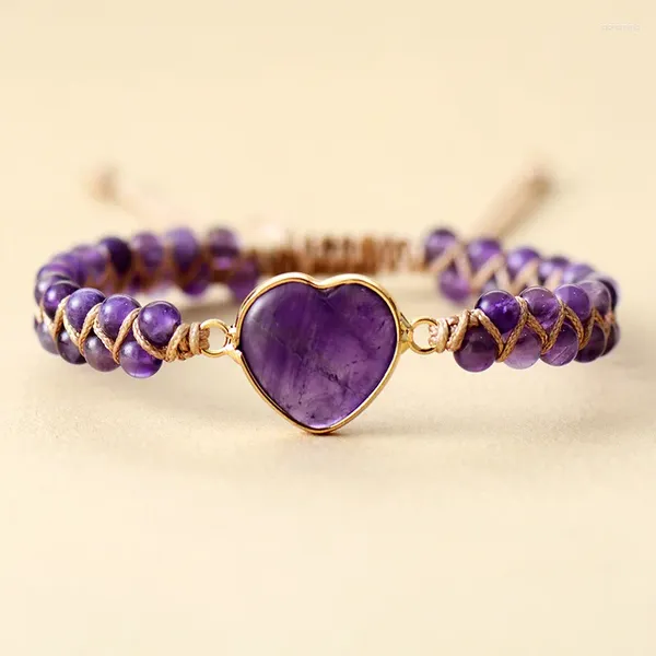 Strand Emperor Amethyst Love Heart Pulsera tejida a mano de doble capa Cuerda ajustable