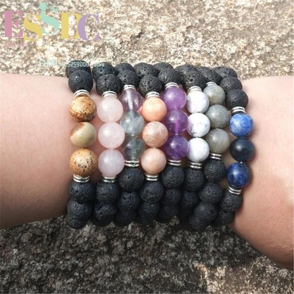 Strand ESSDC Design 10mm Natural Volcanic Lava Rock Purple Crystal Picture Stone Beads Wrap Pulsera para hombres y mujeres