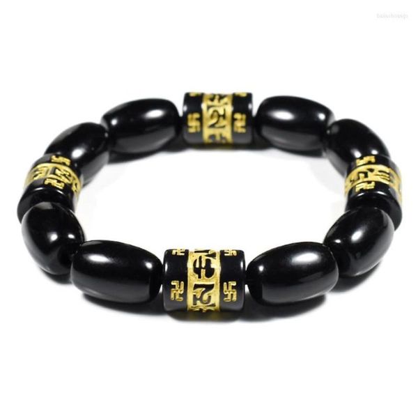 Hilo de estilo étnico tejido a mano negro obsidiana piedra pulsera elástica para regalo joyería espiritual