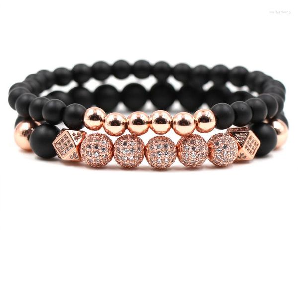 Hebra exquisita 4 colores Micro Inset Zircon pulsera 2/Set estilo clásico 8mm negro piedra pómez cuentas brazalete para Mujeres Hombres