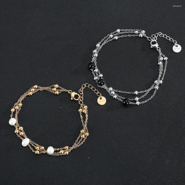 Strand Bijoux Exquis Femme Tenue de Soirée Etanche Durable Breloque en Acier Inoxydable 3 Rangées Chaînes de Perles de Pierre Bracelet de Perles d'Eau Douce