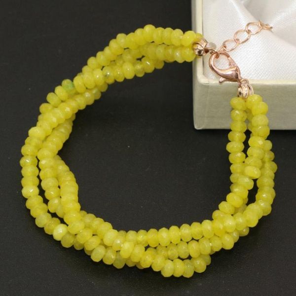 Hebra de ábaco facetado multicapa 3 filas amarillo limón piedra natural Jades calcedonia 2 cuentas de 4 mm pulseras joyería única 7,5 pulgadas B2785