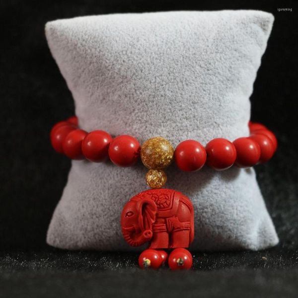 Hebra de moda 10mm redondo sintético rojo cinabrio cuentas elefante colgante accesorios Diy para mujer pulsera fabricación de joyas B822