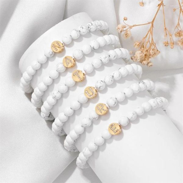 Pulsera con abalorio de 26 letras a la moda para mujer, cuentas de howlita blanca, brazaletes con nombre de piedra Natural para hombre, regalo de joyería hecho a mano