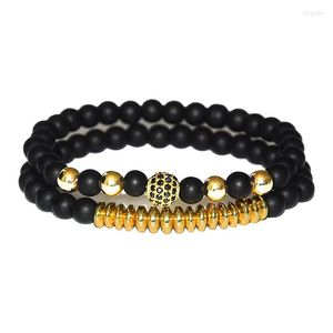 Strand Fashion 2 pièces/ensemble 6mm noir mat pierre cuivre perle Bracelet élastique corde CZ balle pour hommes femmes