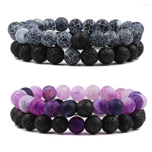 Strand Fashion 2pcs/Set Black Lava Bracelets Natural Weathered Stone Bangles Charm Bracelet For Women Men Yoga Jewelry Gift
