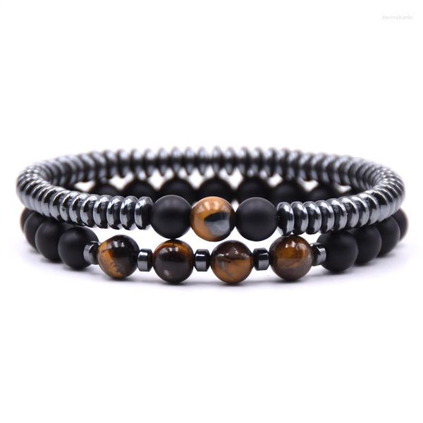 Strand Fashion 2PCS / Set Pierre Naturelle 8mm Perles Bracelet Hommes 6mm Hématite Tablettes Rondes Chaîne Bracelets Pour Femmes Cadeaux Pulseras