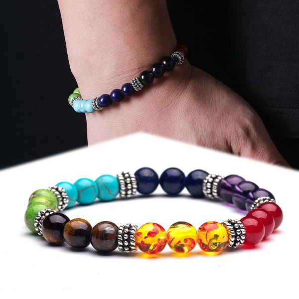 Strand Fashion Todas las cuentas de piedras naturales 7 pulseras de chakras para mujeres, hombres, yoga, jugador de Buda, 18 cm, piedras de ojos de tigre, pulsera para pedir un deseo