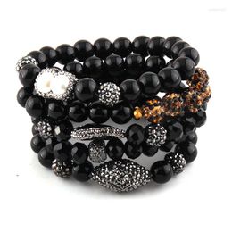 Strand Fashion Beautiful 5pc Set Black Bracelet Sets Natural Stone Glass Crystal Pave Bracelets