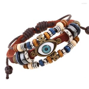 Pulsera de ojo de cuerda de cuero con diseño bohemio a la moda, joyería ajustable Unisex con cuentas tejidas de vaca multicapa marrón