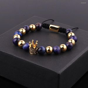 Strand Fashion CZ Pave Crown Charm Natural Stone Tiger Eye Beads Macrame Friendship Bracelet Women Men Men Sieraden Gift