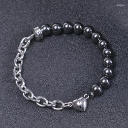 Bracelet d'attraction d'aimant en forme de coeur de mode de brin pour des couples chaîne en acier inoxydable 8mm perles de pierre naturelle bijoux cadeau