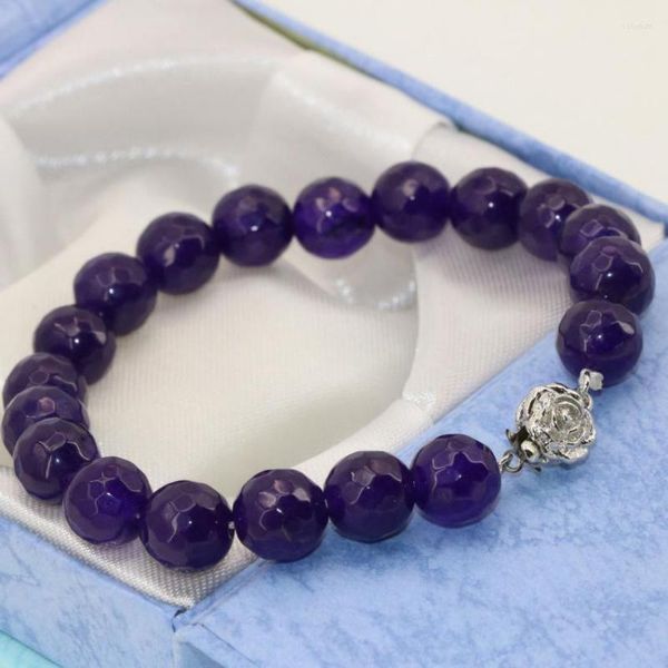 Strand Fashion Haute Qualité 10mm Violet Rond À Facettes Calcédoine Jades Pierre Perles Femmes Bracelets Cadeaux Fabrication De Bijoux 8 pouces B2708