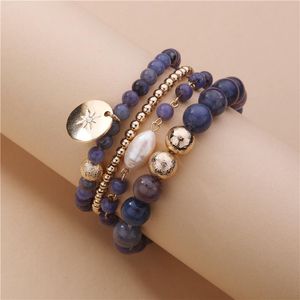 Bijoux de mode brin 4 brins empilés en couches bleu marine pierre naturelle bracelets de perles pour les femmes perlées