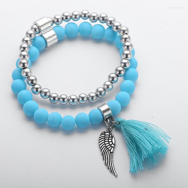 Strand Fashion MaGlass Beads Pulseras con aleación Wing Tassle Charm Bracelet Ladies Stretch