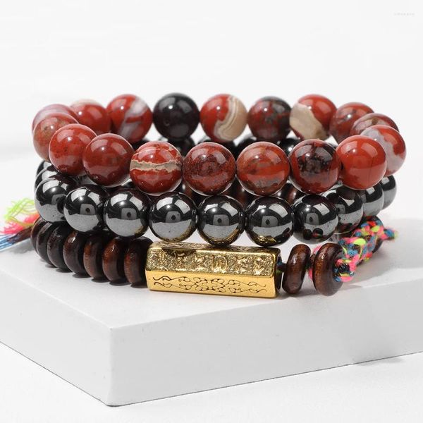 Bracelet multicouches pour hommes, brin à la mode, pierre rouge naturelle, hématite, bois perlé, 3 pièces/ensemble, bijoux, cadeaux pour petit ami, vente en gros