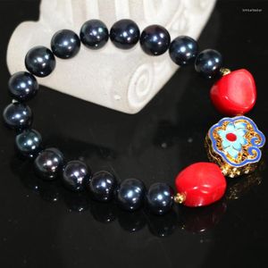 Strand Fashion naturel 9-10mm perles noires perles bracelets pour femme mariée rouge cloisonné prix de gros bijoux 7.5 pouces B2970