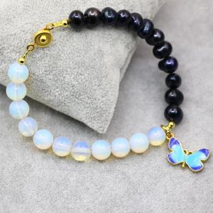 Strand Fashion Natural Black 7-8mm Pearl Opal 8mm Round Beads Charms Pulseras para mujeres Joyería de alta calidad 7.5inch B2932