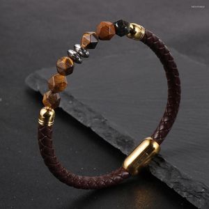 Strand Fashion Natural Stone Faced Tiger Eye Hematite Brown Cuero genuino Cierre de acero inoxidable Wrishband Jewelry