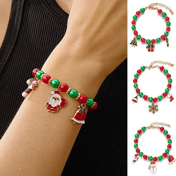Strand moda rojo verde con cuentas pulsera de Navidad Santa Claus árbol de Navidad muleta campana colgante pulseras para mujeres regalos de fiesta de año
