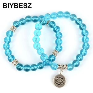 Brin mode bleu ciel cristal pierre naturelle OM Lotus bouddha Yoga bracelet à breloques bijoux faits à la main cadeaux brins de perles