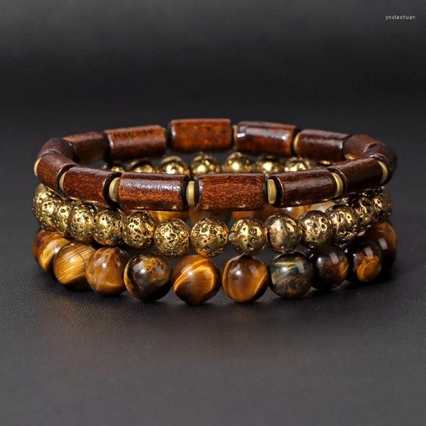 Strand Fashion Tiger Eye Lava Stone Bead Bracelet Set Vintage Gold Couleur Men Bouded Friendship Healing Energy Gift Wholesale