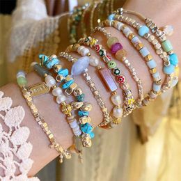 Strand Mode Trendy Kleurrijke Kolommen Gebroken Zilveren Steen Kralen Handketting Armband Voor Dames Meisje Gift Sieraden Accessoire