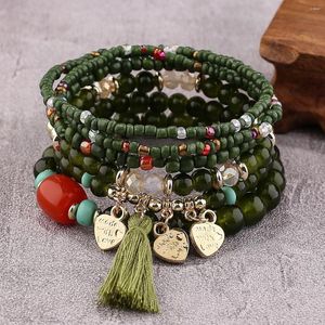 Brin mode Vintage multi couche verre perlé Bracelet vert émeraude couleur alliage papillon bracelets porte-bonheur pour Femme