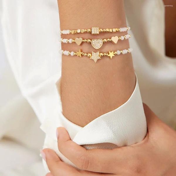 Strand Fashion Cristal Blanc 4mm Coeur Étoiles Tisser Bracelet Plaqué Or 3mm Bracelets De Perles De Cuivre Pour MenWomen Classique Charme Bijoux