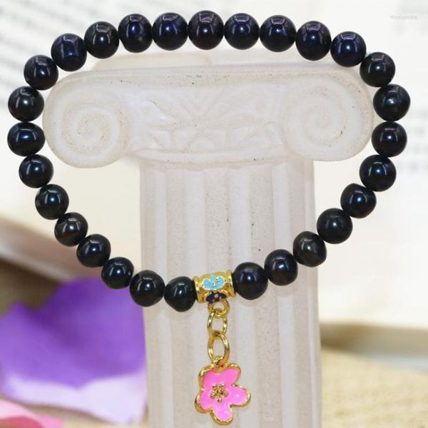 Strand Fashion Women Bracelet Natural Black 7-8mm Nearround Pearl Beads Gold-color Flower Cloisonne Diy Jewelry 7.5inch B3115