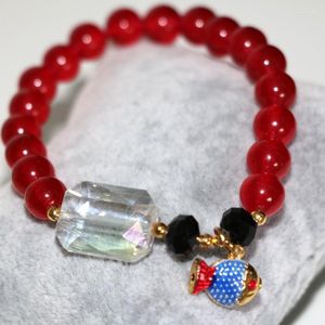 Strand Mode Femmes Bracelets 8mm Rouge Pierre Naturelle Jades Calcédoine Perles Rondes Bracelet Cloisonné Cristal Bijoux 7.5 pouces B2949