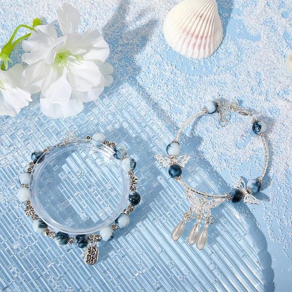 Pulsera con cuentas y borlas de mariposa multicolor para mujer, pulsera con personalidad a la moda, porcelana azul antigua y blanca