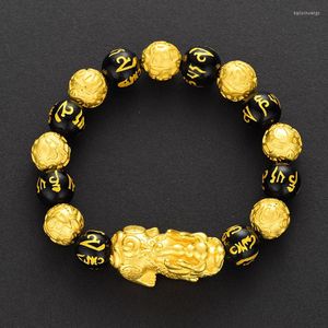 Strand Feng Shui Noir Obsidienne Bracelet Hommes Femmes Original Richesse Naturelle Charme Chinois Bonne Chance Pixiu Bouddha Mantra Dieu Bijoux