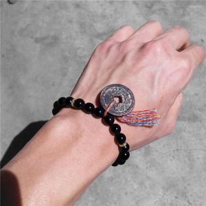 Strand Feng Shui Obsidienne Perles Bracelet Hommes Femmes Tibétain Tissé Fil Corde Chanceux Noir Cuivre Pièce Amulette Richesse Bracelets Rouges