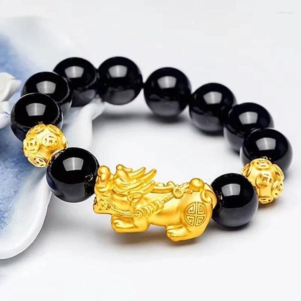 Strand Feng Shui Obsidienne Pierre Perles Bracelet Hommes Femmes Bracelet Or Couleur Noir Pixiu Richesse Chanceux Changement Santé Poignet Bracelets